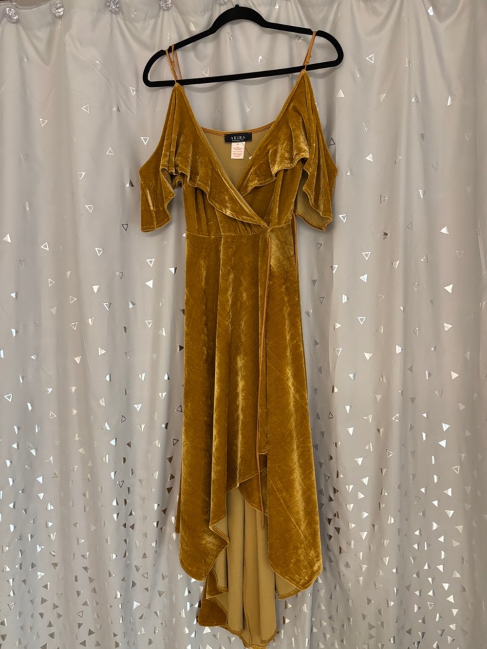 AKIRA Mustard Gold Velvet Ruffle High-Low Wrap Dress - Picture 2 of 7